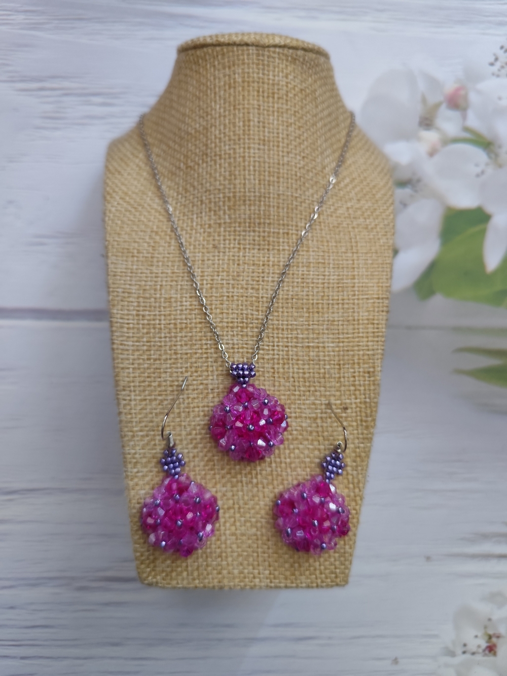 Pink Beaded Necklace and Earrings Set with Purple Accents